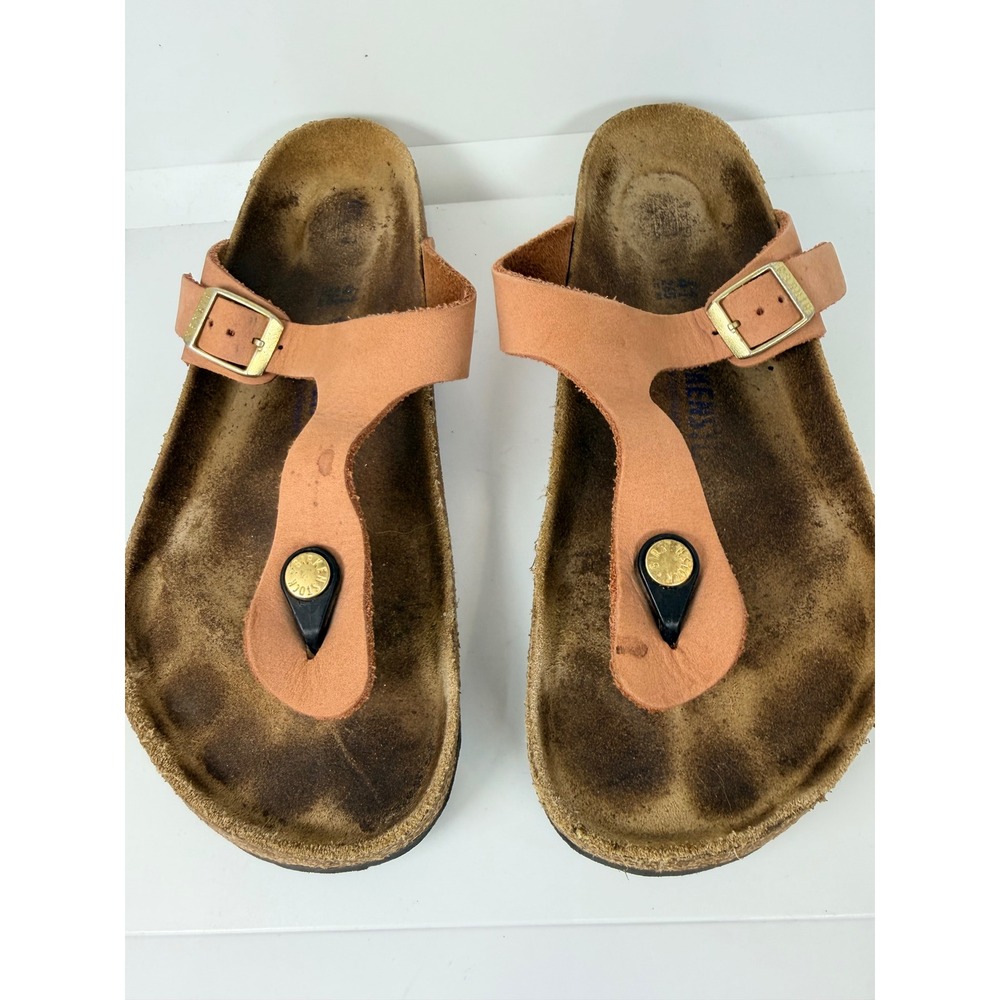 Birkenstock Gizeh Tan Leather Thong Sandals Gold Buckle Womens 41 L10 10 1/2 M